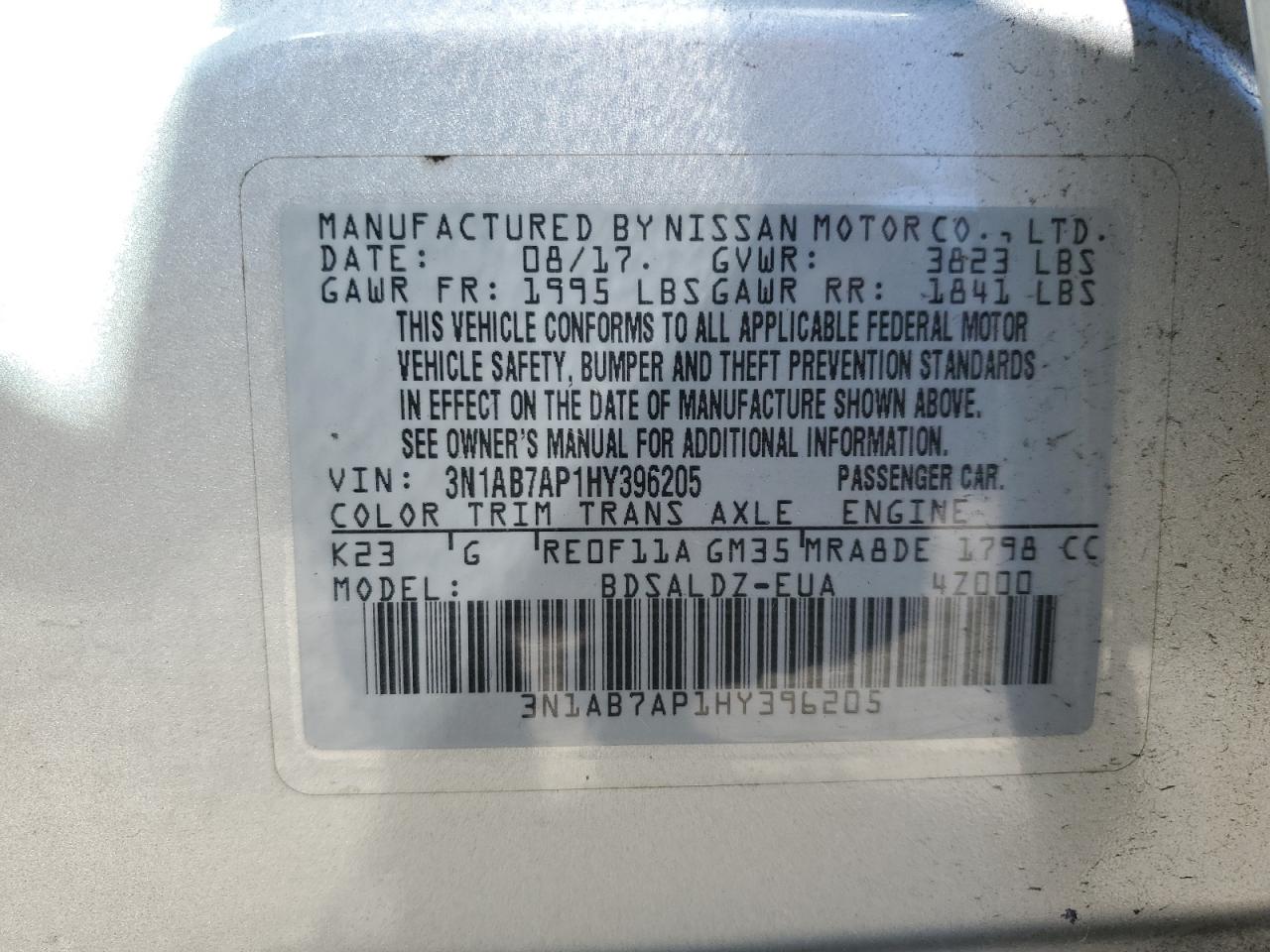 2017 Nissan Sentra S VIN: 3N1AB7AP1HY396205 Lot: 84013475