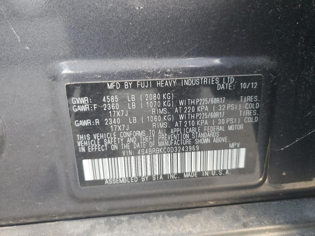 2013 Subaru Outback 2.5I Limited VIN: 4S4BRBKC0D3243969 Lot: 82267965