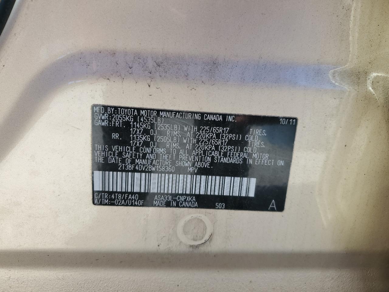 2011 Toyota Rav4 VIN: 2T3BF4DV2BW158360 Lot: 86986525