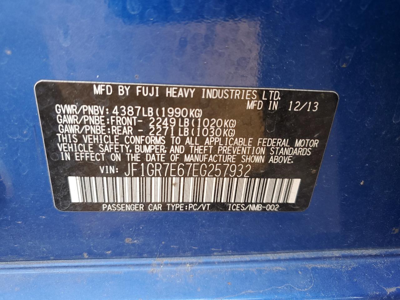 2014 Subaru Impreza Wrx VIN: JF1GR7E67EG257932 Lot: 85152745