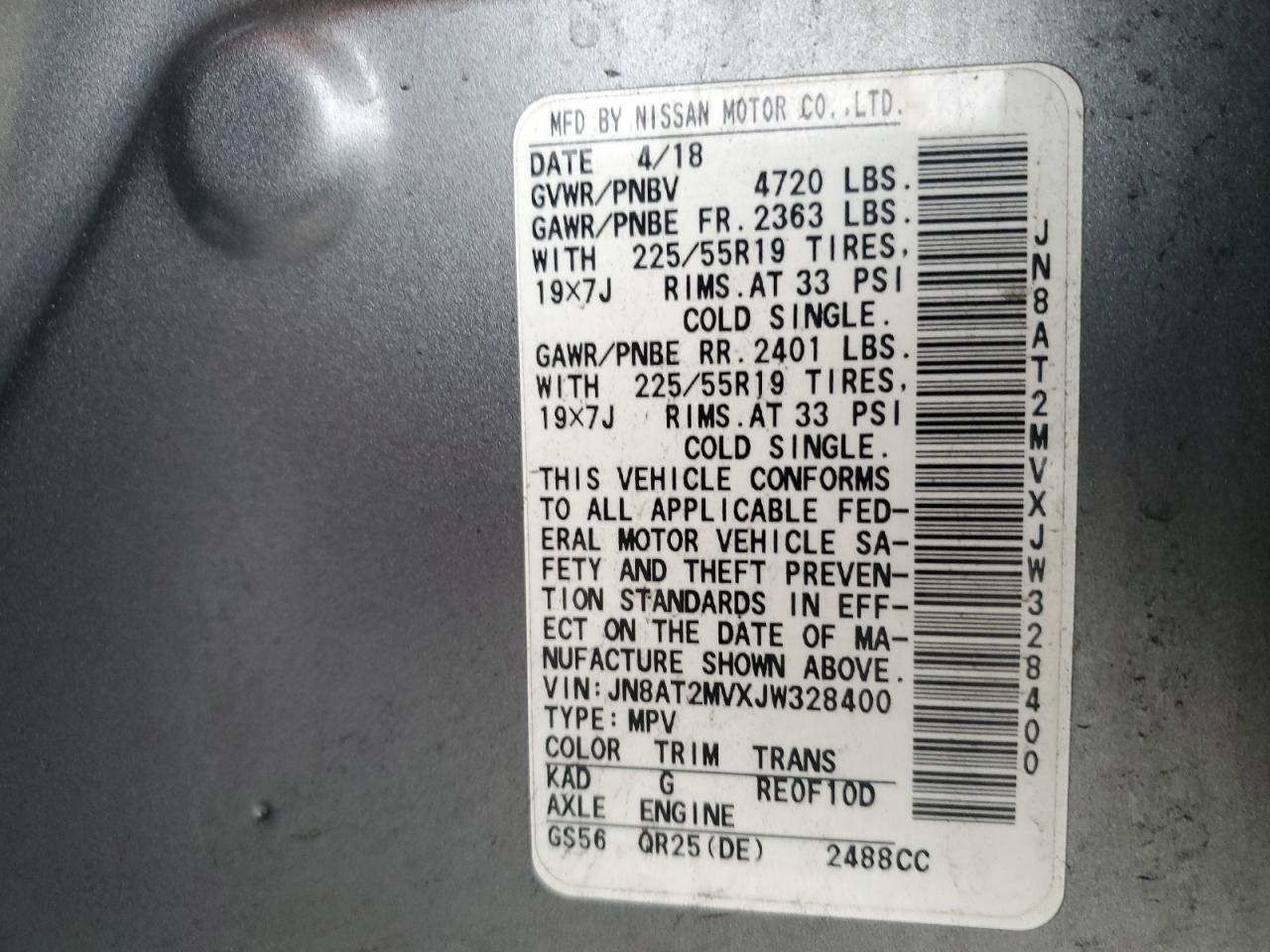 2018 Nissan Rogue S VIN: JN8AT2MVXJW328400 Lot: 86249265