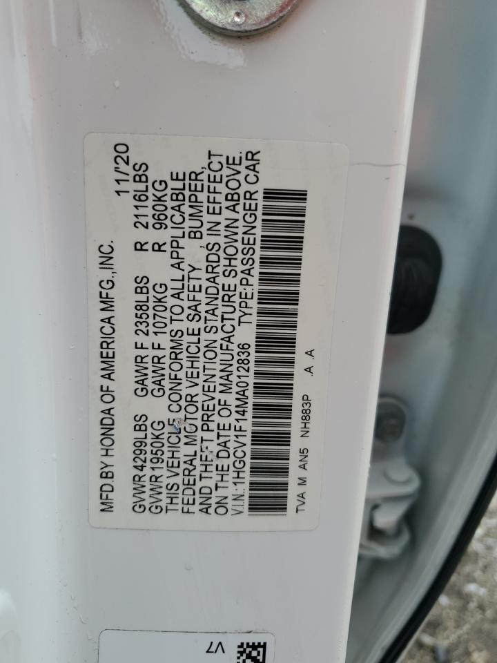 2021 Honda Accord Lx VIN: 1HGCV1F14MA012836 Lot: 84775285