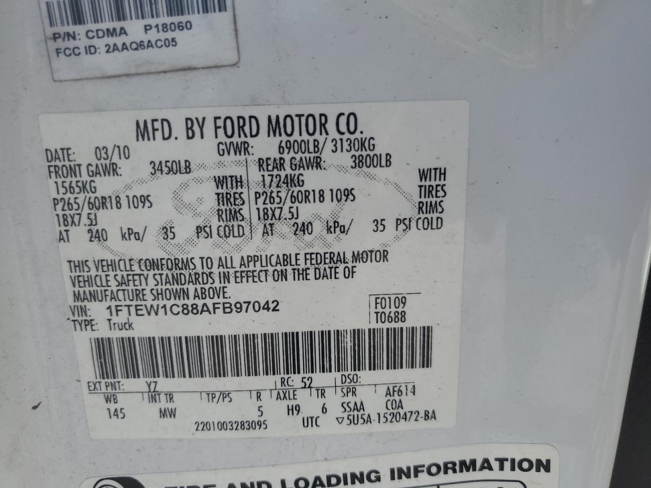 2010 Ford F150 Supercrew VIN: 1FTEW1C88AFB97042 Lot: 90230955