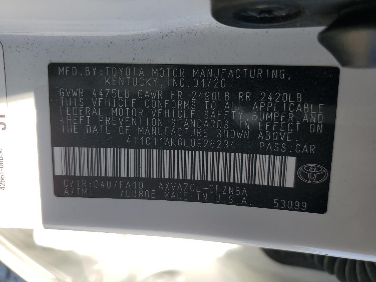 2020 Toyota Camry Le VIN: 4T1C11AK6LU926234 Lot: 84603535