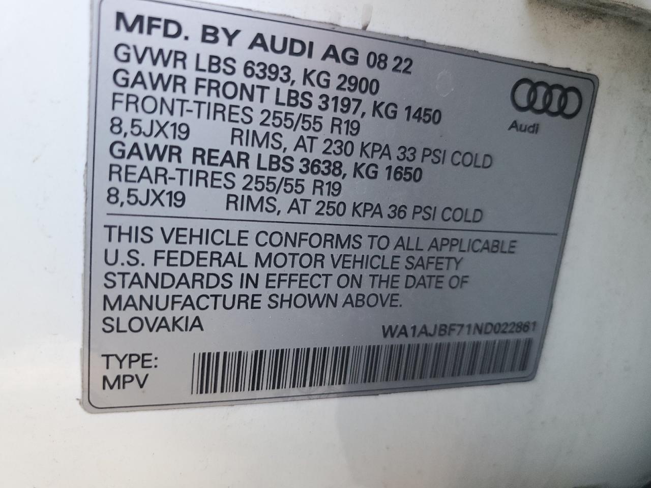 2022 Audi Q7 Premium VIN: WA1AJBF71ND022861 Lot: 86821835