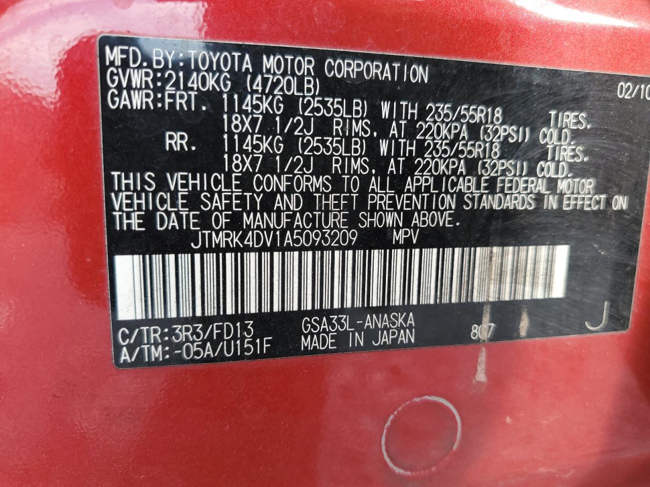 2010 Toyota Rav4 Sport VIN: JTMRK4DV1A5093209 Lot: 85185065