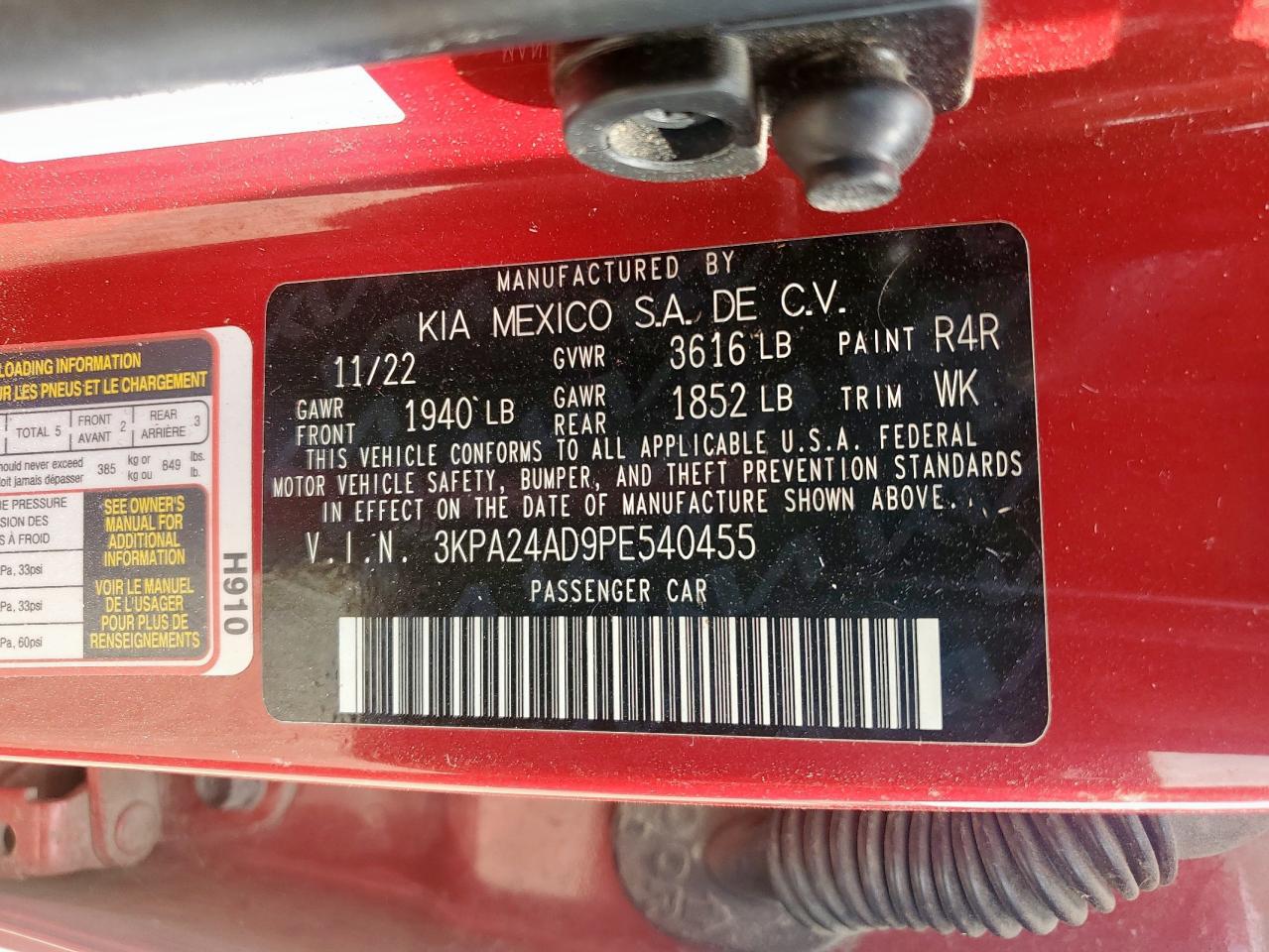 2023 Kia Rio Lx VIN: 3KPA24AD9PE540455 Lot: 84240585