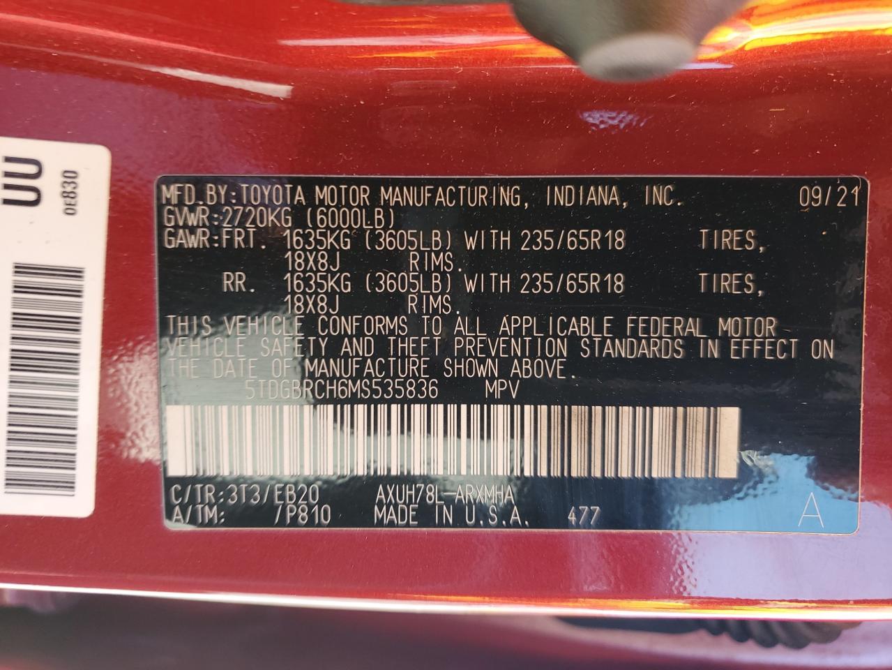 2021 Toyota Highlander Hybrid Xle VIN: 5TDGBRCH6MS535836 Lot: 86263245