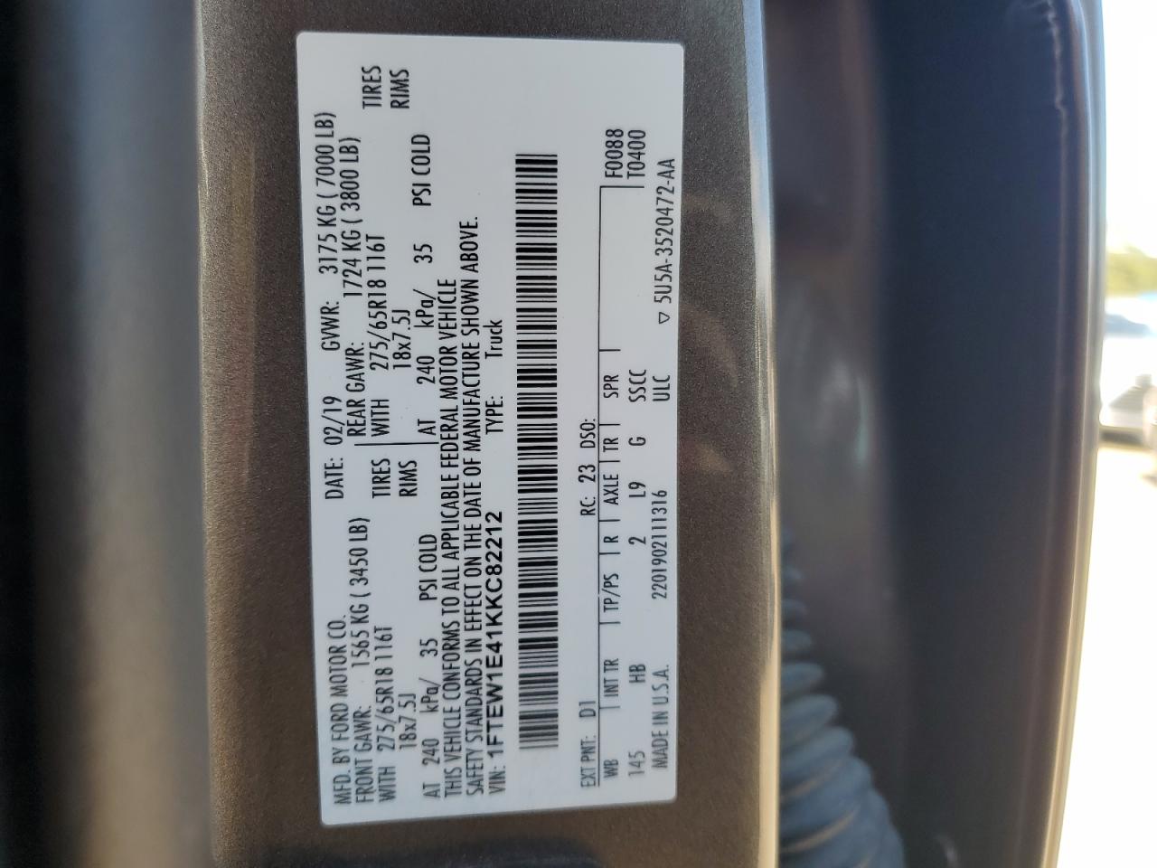 2019 Ford F150 Supercrew VIN: 1FTEW1E41KKC82212 Lot: 86891065