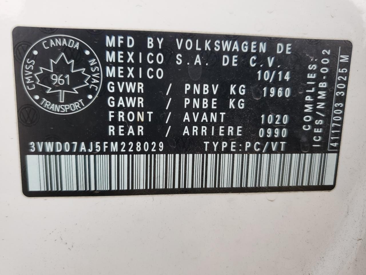 2015 Volkswagen Jetta Se VIN: 3VWD07AJ5FM228029 Lot: 85941865