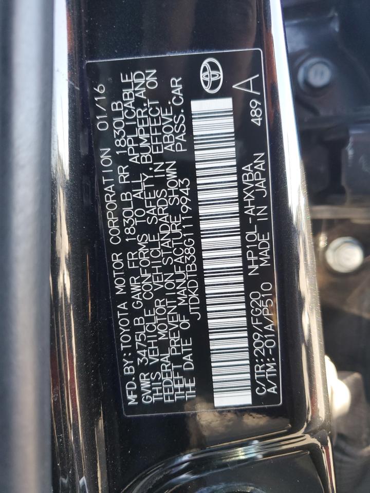 2016 Toyota Prius C VIN: JTDKDTB38G1119943 Lot: 89442815