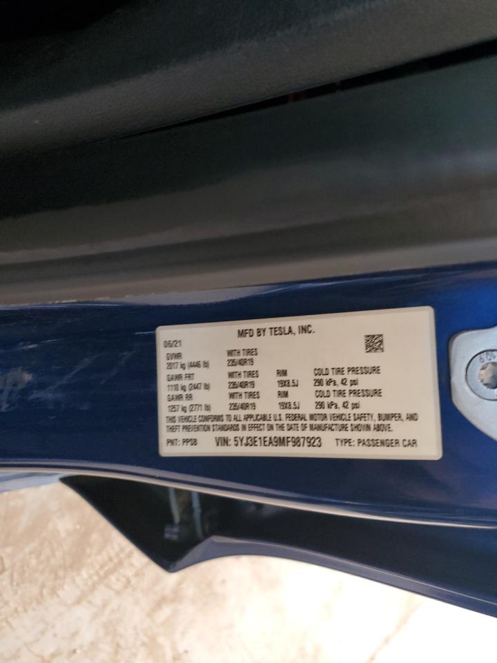 2021 Tesla Model 3 VIN: 5YJ3E1EA9MF987923 Lot: 85475495