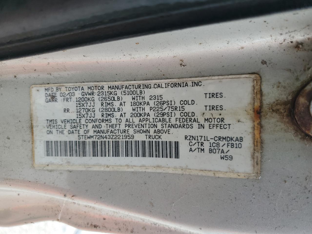 2003 Toyota Tacoma Xtracab VIN: 5TEWM72N43Z221959 Lot: 82314985