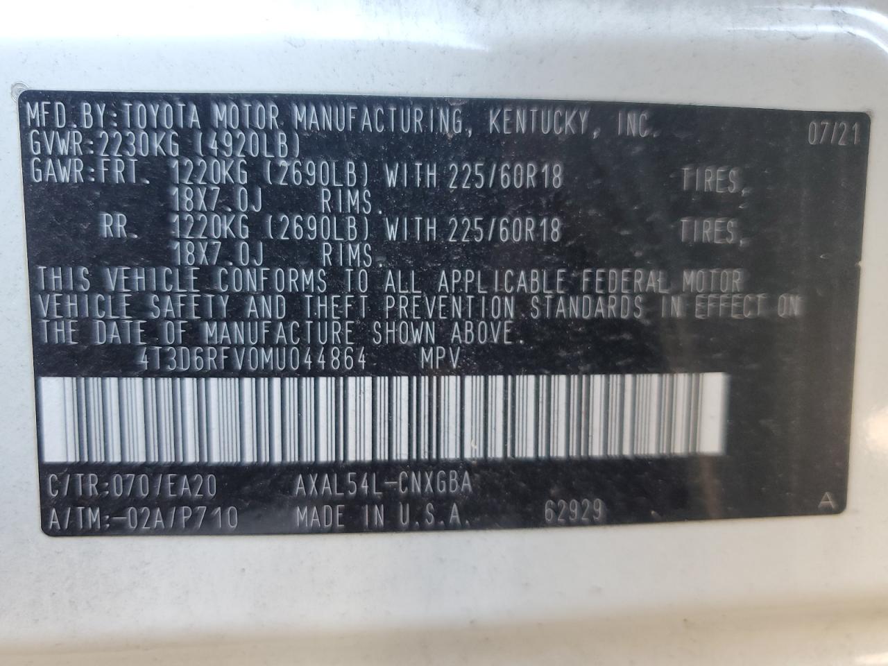 2021 Toyota Rav4 Limited VIN: 4T3D6RFV0MU044864 Lot: 87367985