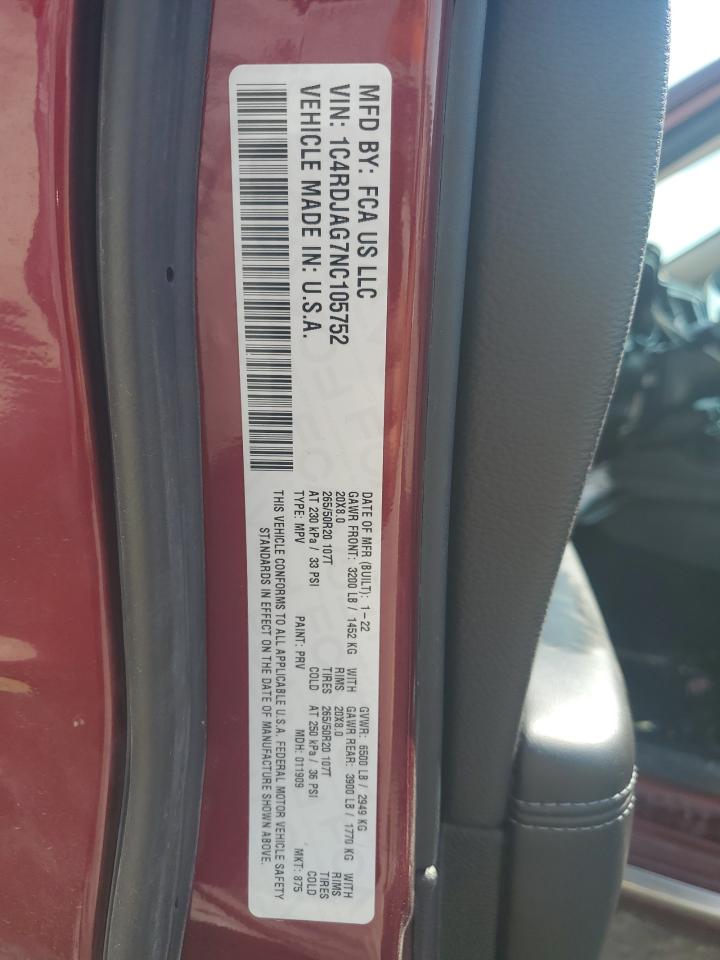 2022 Dodge Durango Sxt VIN: 1C4RDJAG7NC105752 Lot: 86794315