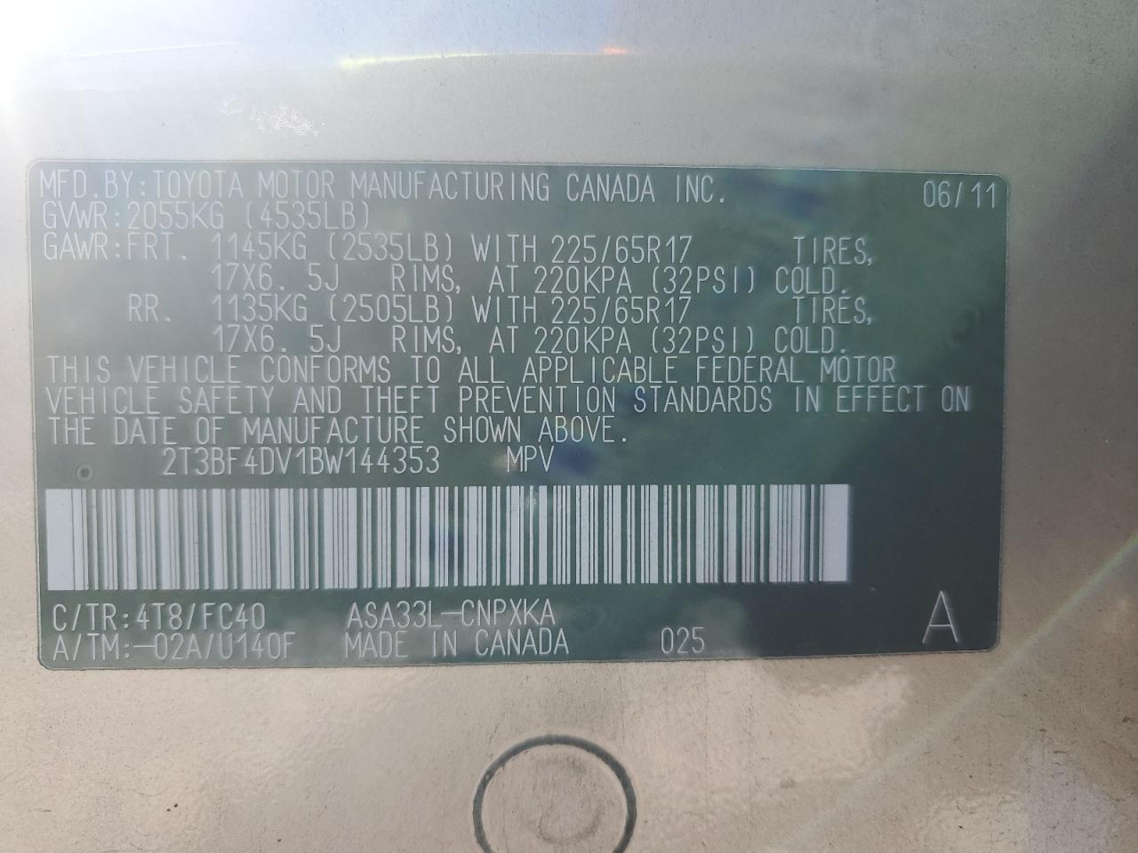 2011 Toyota Rav4 VIN: 2T3BF4DV1BW144353 Lot: 85660105