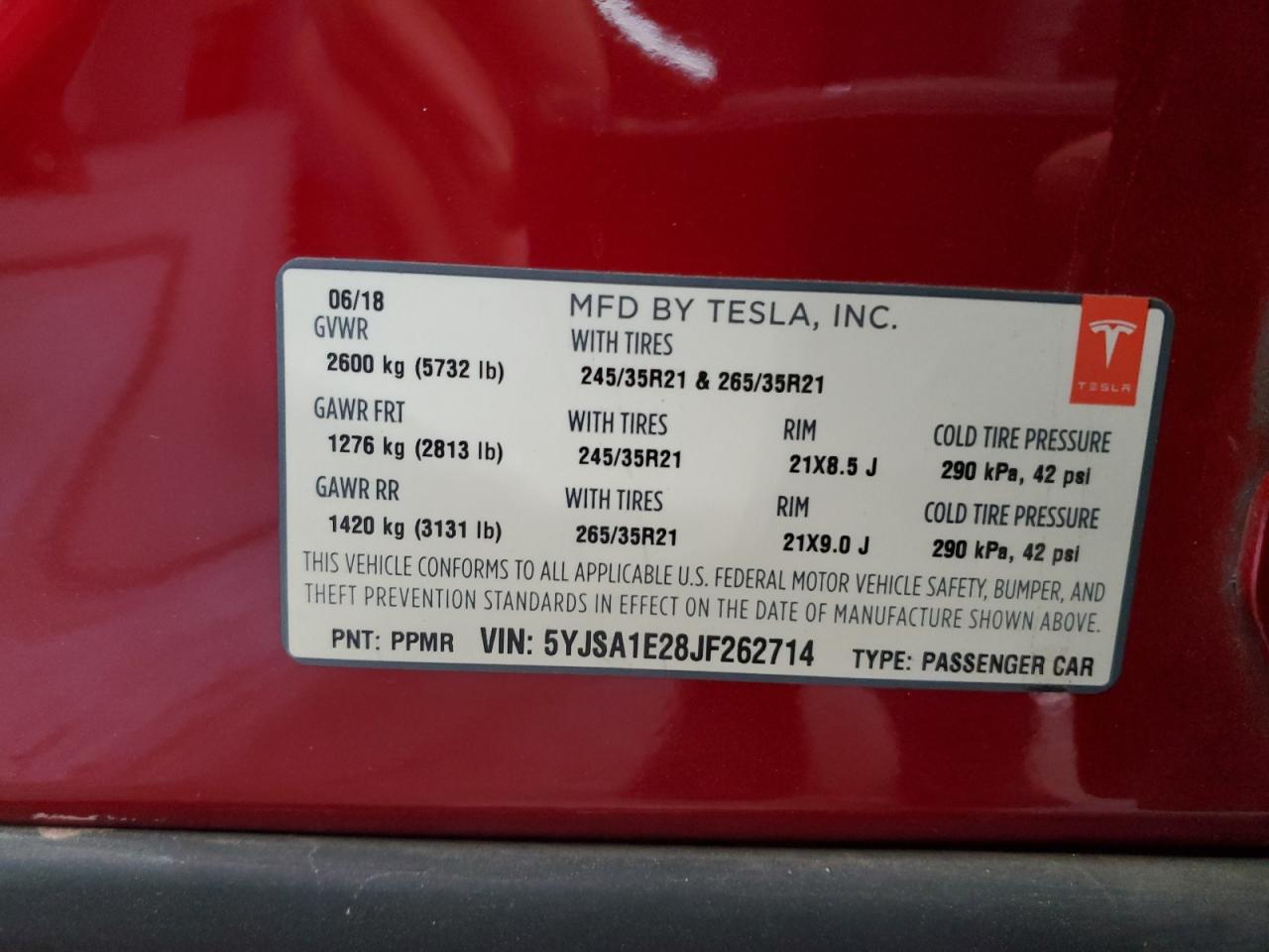 2018 Tesla Model S VIN: 5YJSA1E28JF262714 Lot: 85506735