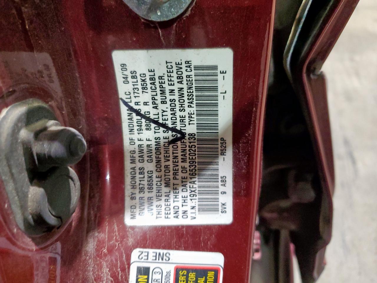 2009 Honda Civic Lx VIN: 19XFA16539E025138 Lot: 81833165