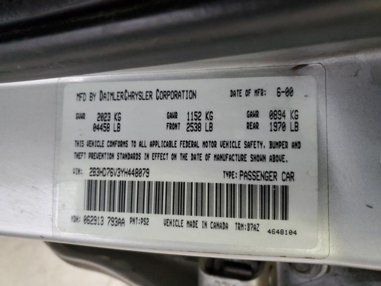 2000 Dodge Intrepid R/T VIN: 2B3HD76V3YH448079 Lot: 84942035