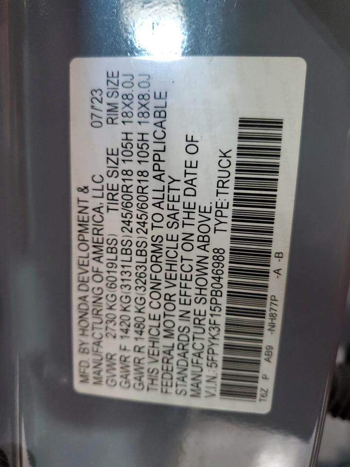 2023 Honda Ridgeline Sport VIN: 5FPYK3F15PB046988 Lot: 84390575