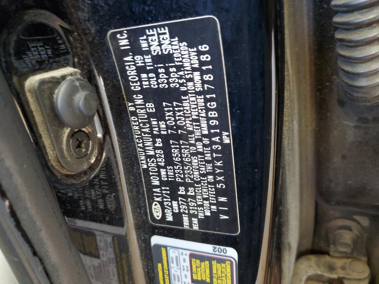 2011 Kia Sorento Base VIN: 5XYKT3A19BG178186 Lot: 85497385