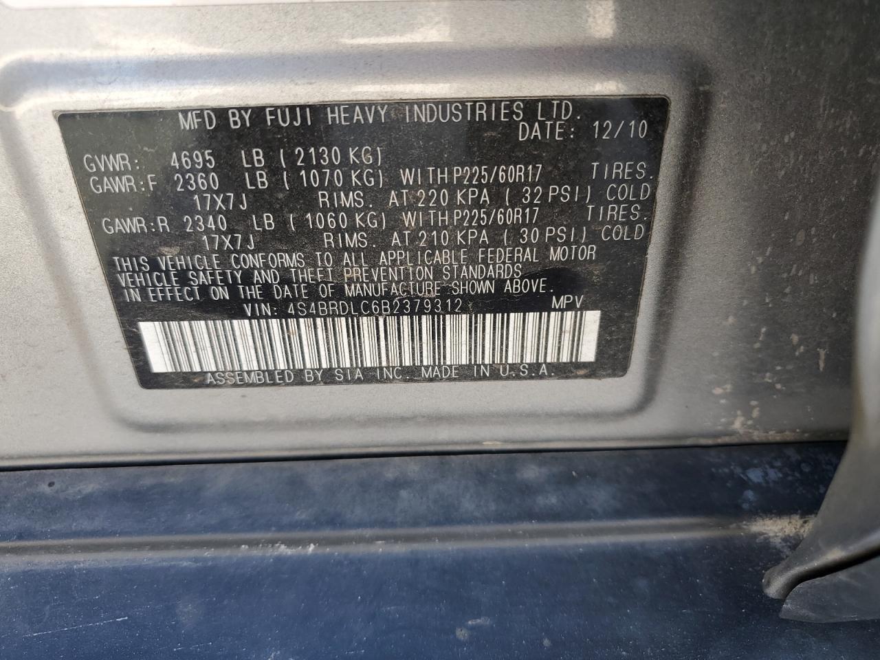 2011 Subaru Outback 3.6R Limited VIN: 4S4BRDLC6B2379312 Lot: 86428115