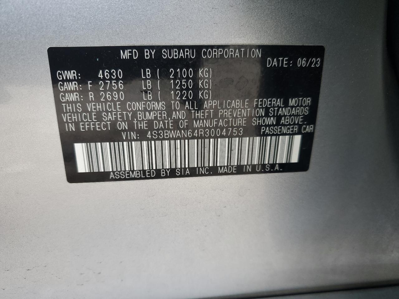 2024 Subaru Legacy Limited VIN: 4S3BWAN64R3004753 Lot: 90605545