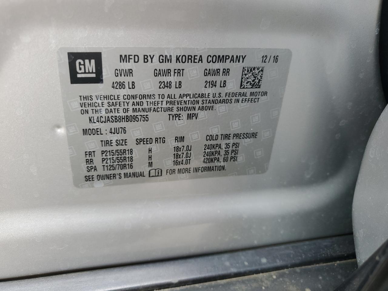 2017 Buick Encore Preferred VIN: KL4CJASB8HB095755 Lot: 82304865