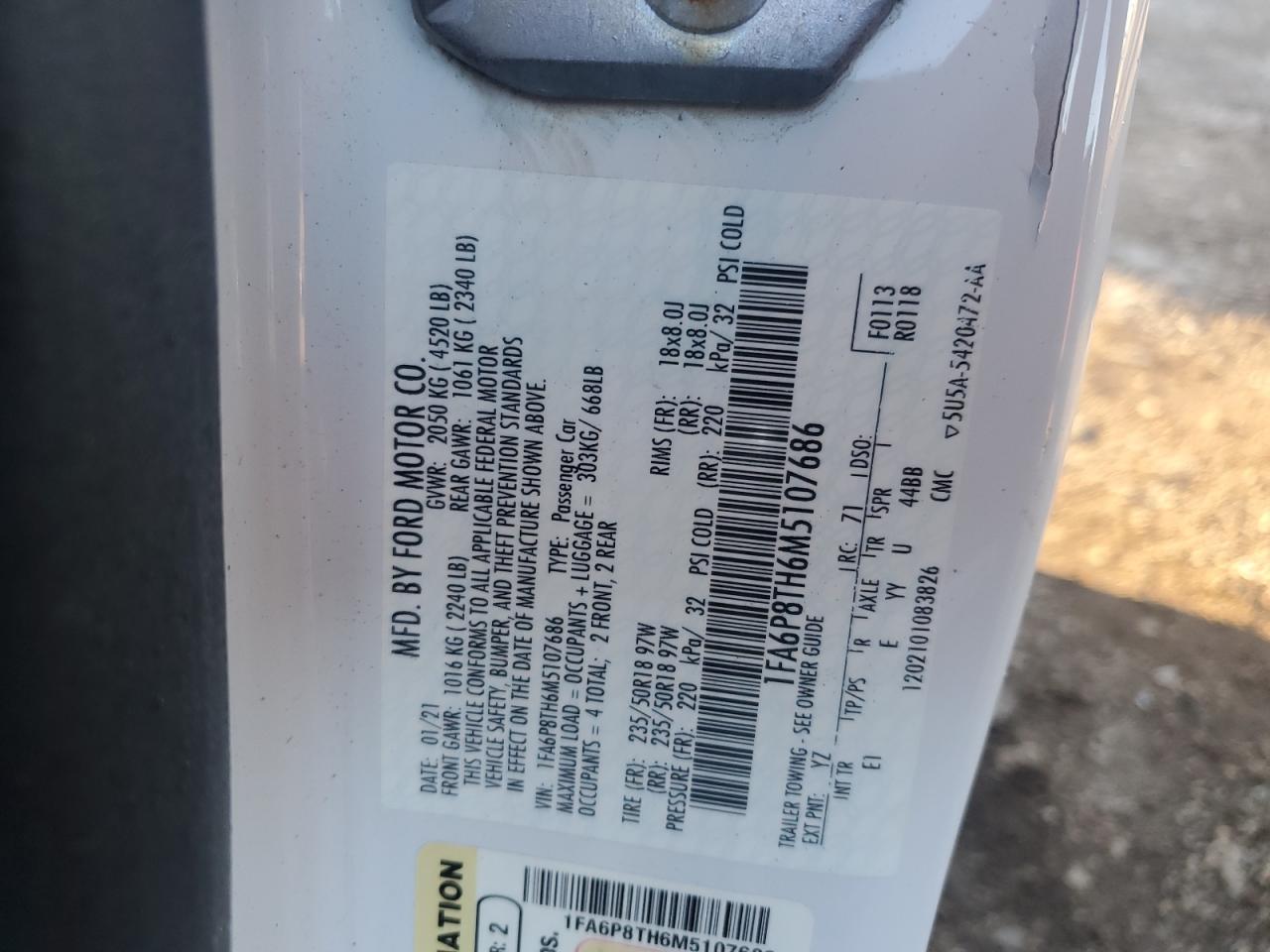 2021 Ford Mustang VIN: 1FA6P8TH6M5107686 Lot: 84958745