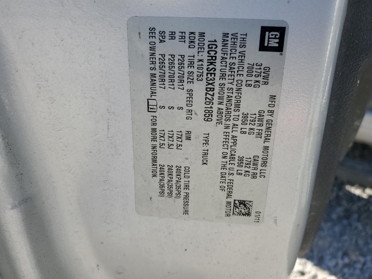 2011 Chevrolet Silverado K1500 Lt VIN: 1GCRKSE3XBZ261859 Lot: 84919275