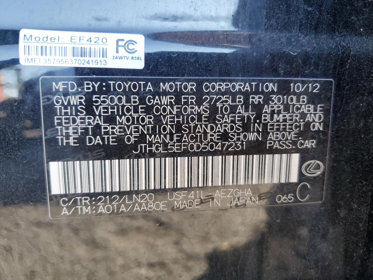 2013 Lexus Ls 460L VIN: JTHGL5EF0D5047231 Lot: 82559745