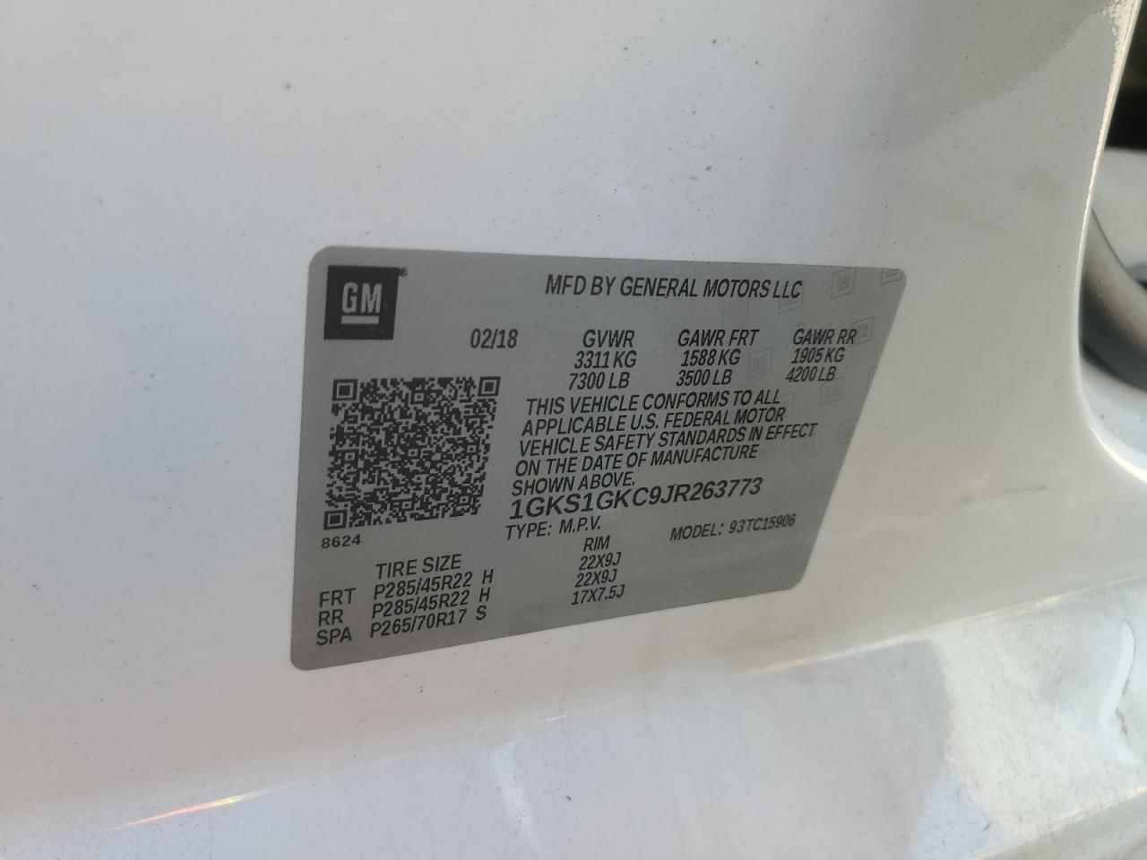 2018 GMC Yukon Xl C1500 Slt VIN: 1GKS1GKC9JR263773 Lot: 92853265