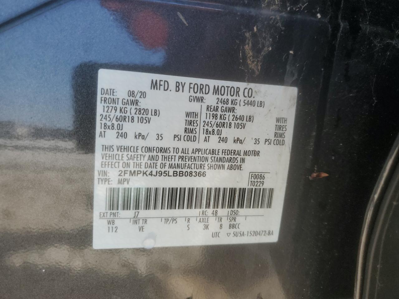 2020 Ford Edge Sel VIN: 2FMPK4J95LBB08366 Lot: 84979935