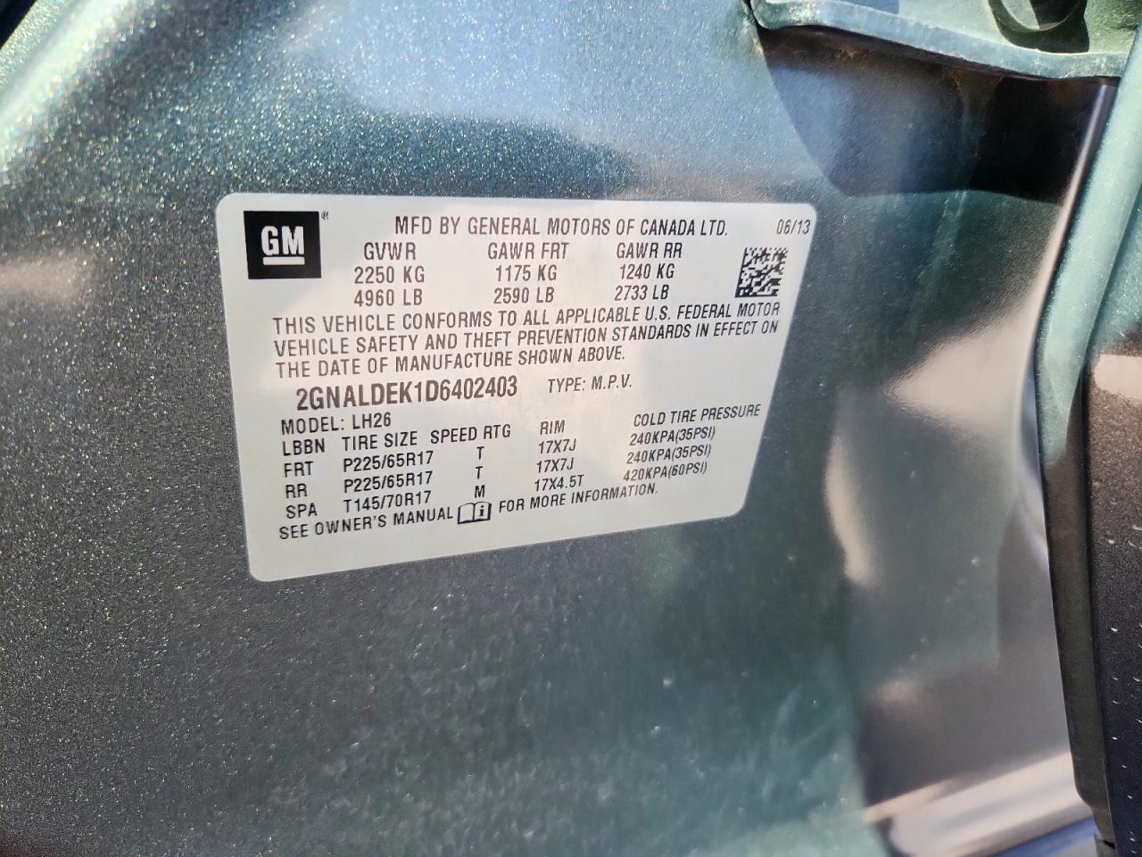 2013 Chevrolet Equinox Lt VIN: 2GNALDEK1D6402403 Lot: 82324905