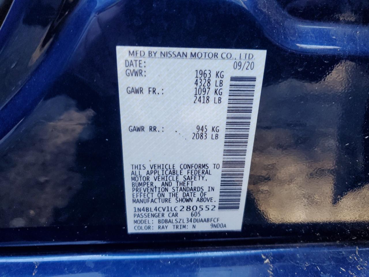 2020 Nissan Altima Sr VIN: 1N4BL4CV1LC280552 Lot: 85815195