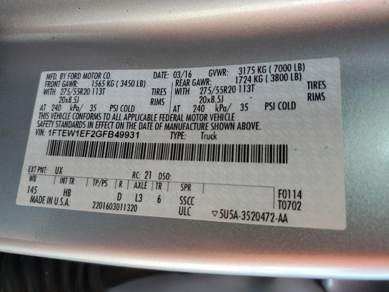 2016 Ford F150 Supercrew VIN: 1FTEW1EF2GFB49931 Lot: 84920845