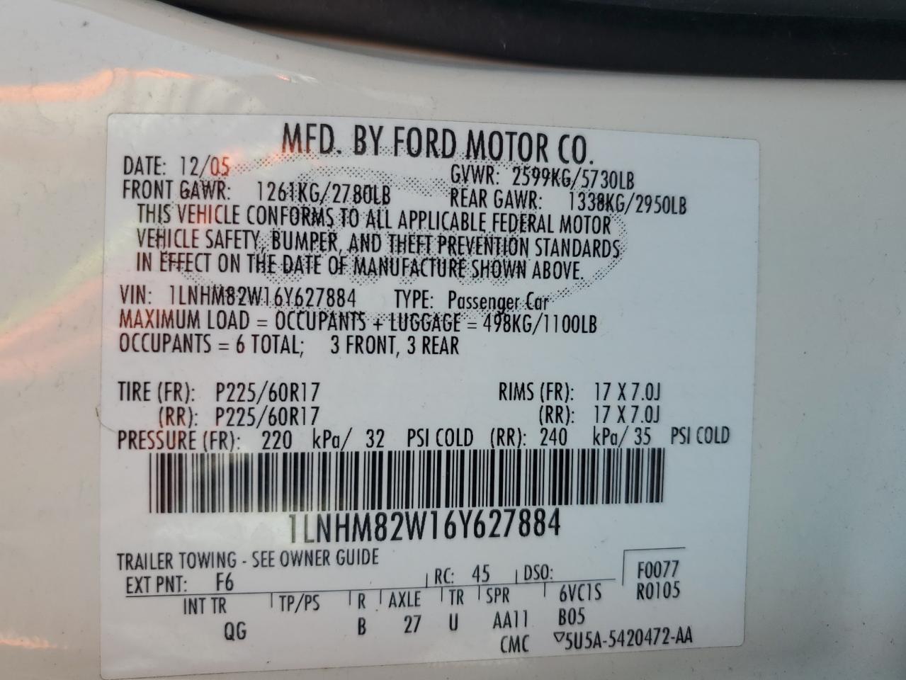 2006 Lincoln Town Car Signature Limited VIN: 1LNHM82W16Y627884 Lot: 87058755