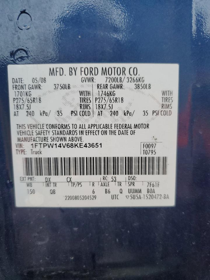 2008 Ford F150 Supercrew VIN: 1FTPW14V68KE43651 Lot: 84188875