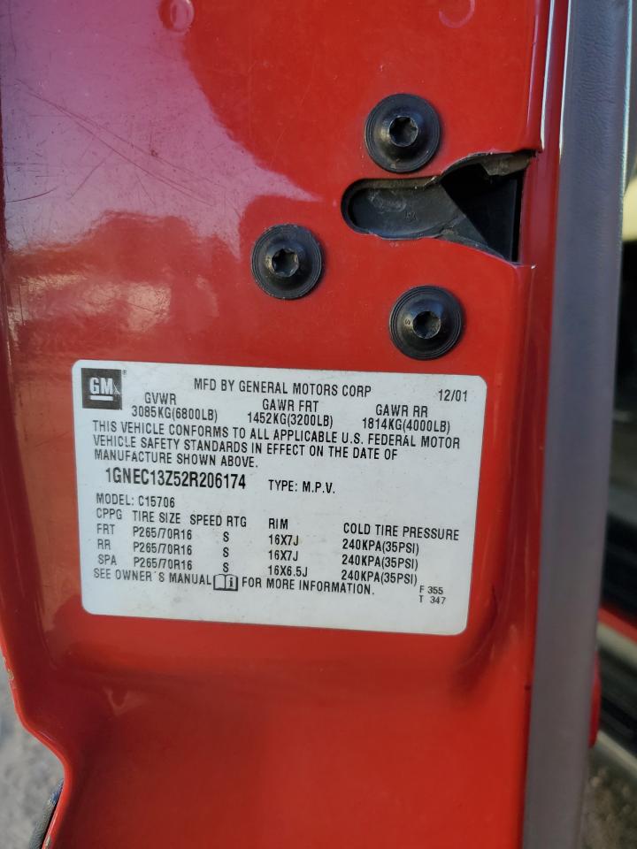 2002 Chevrolet Tahoe C1500 VIN: 1GNEC13Z52R206174 Lot: 82536155