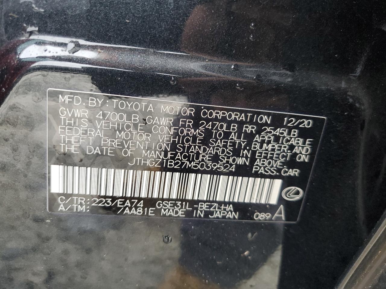 2021 Lexus Is 350 F Sport VIN: JTHGZ1B27M5039524 Lot: 85511625