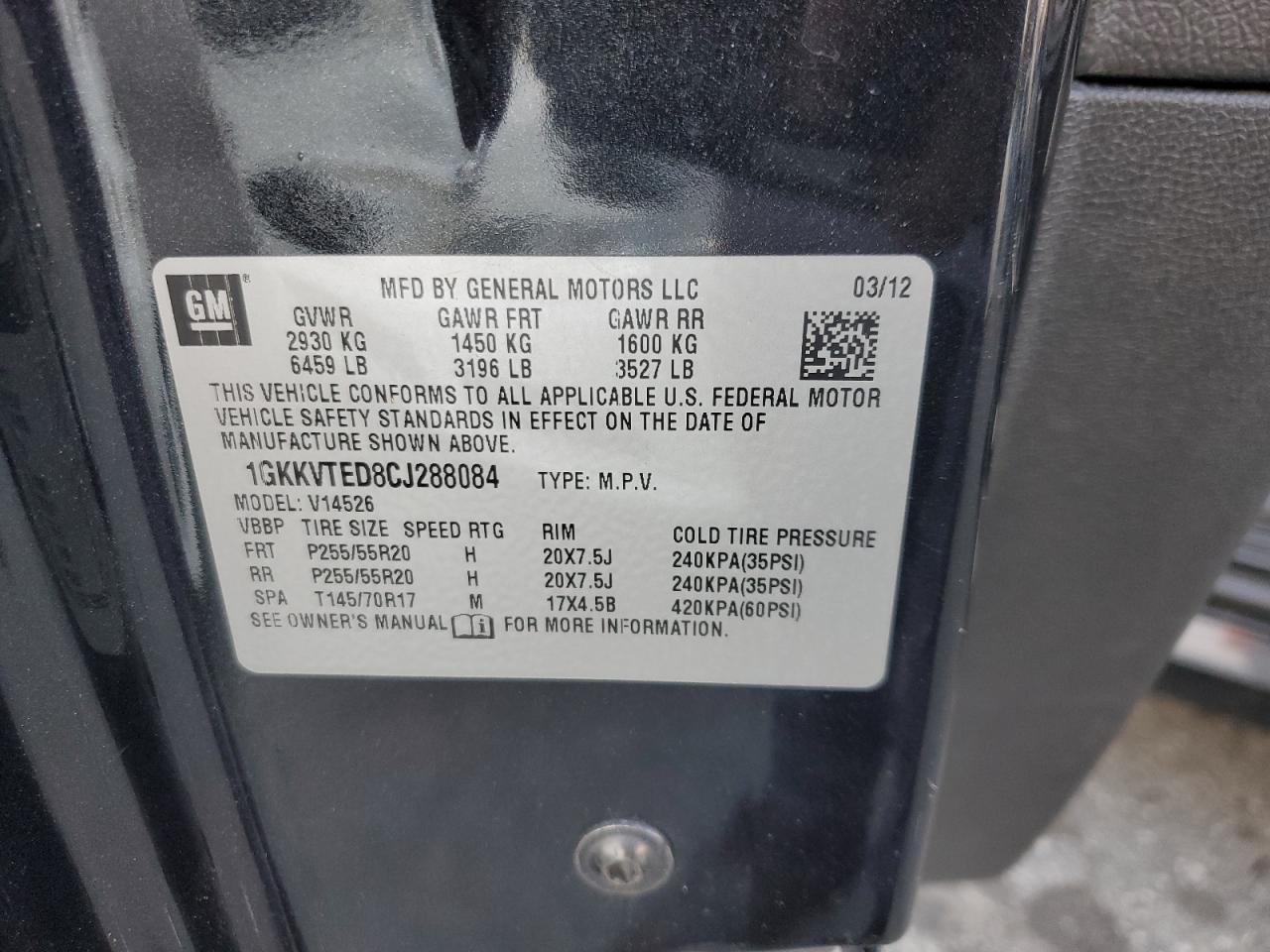 2012 GMC Acadia Denali VIN: 1GKKVTED8CJ288084 Lot: 89921255