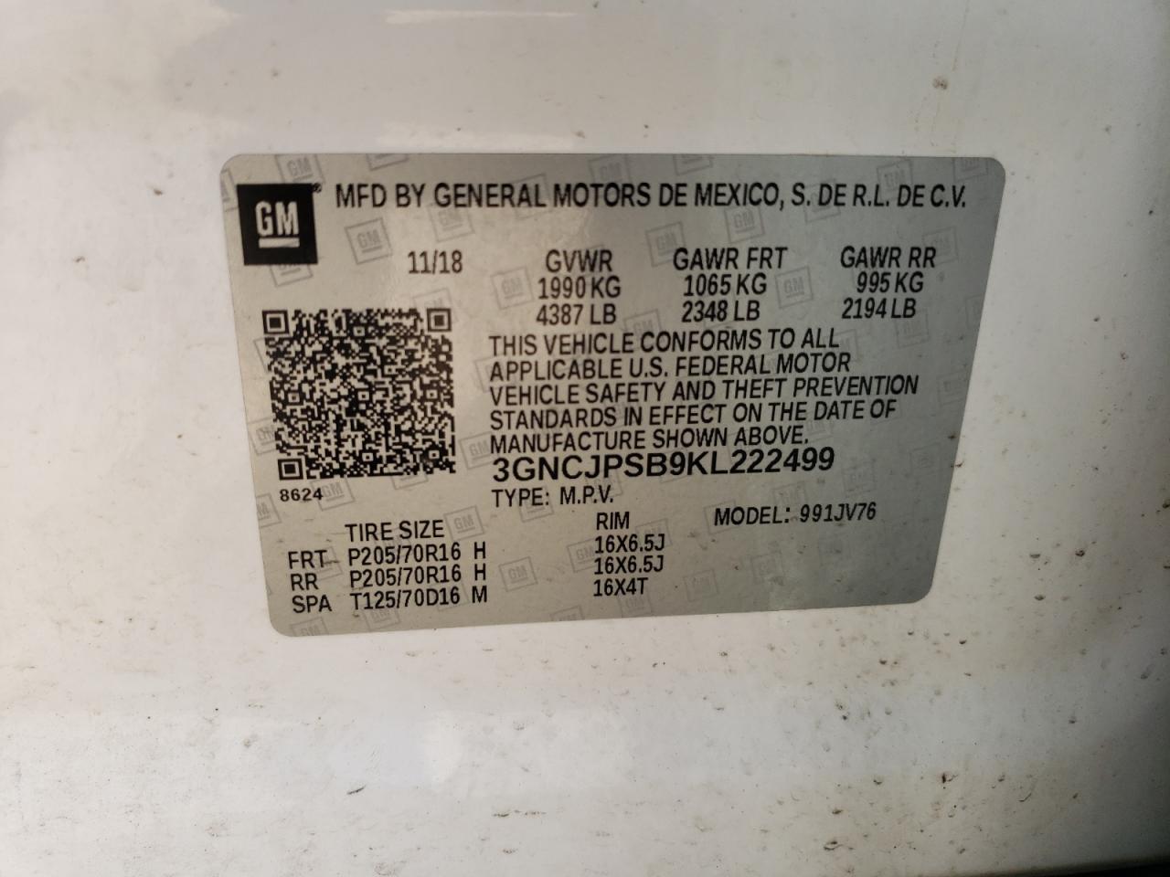 2019 Chevrolet Trax 1Lt VIN: 3GNCJPSB9KL222499 Lot: 82213335