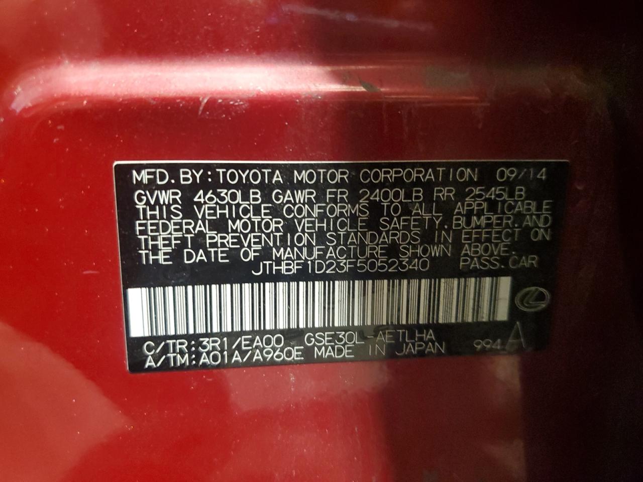 2015 Lexus Is 250 VIN: JTHBF1D23F5052340 Lot: 86059505