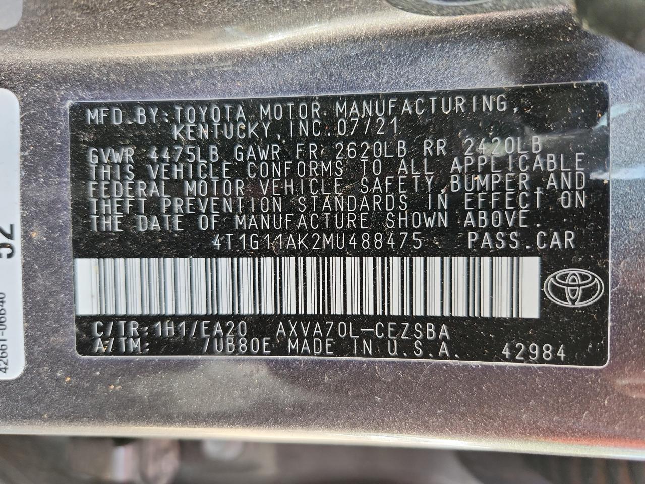 2021 Toyota Camry Se VIN: 4T1G11AK2MU488475 Lot: 85503175