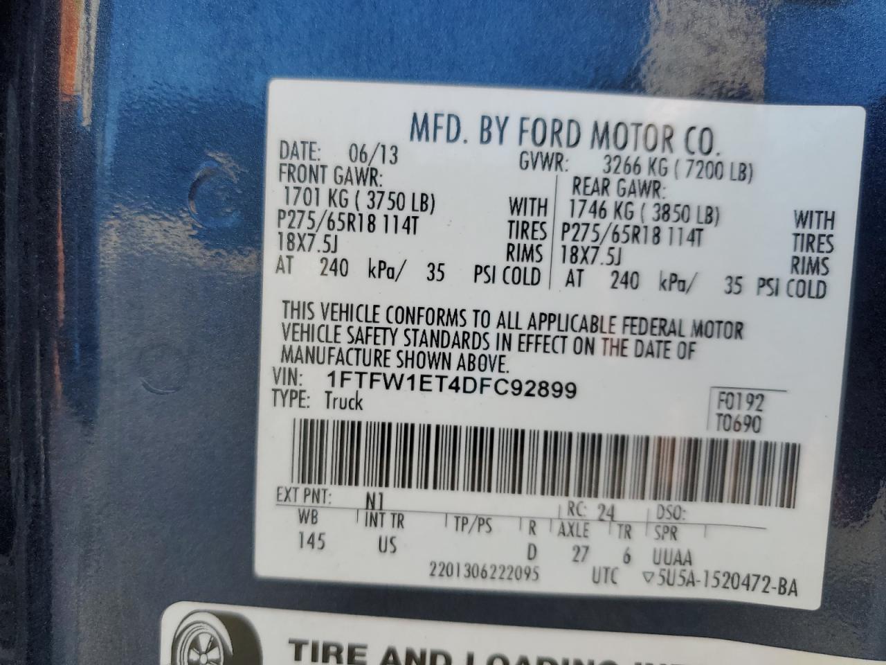 2013 Ford F150 Supercrew VIN: 1FTFW1ET4DFC92899 Lot: 87063705