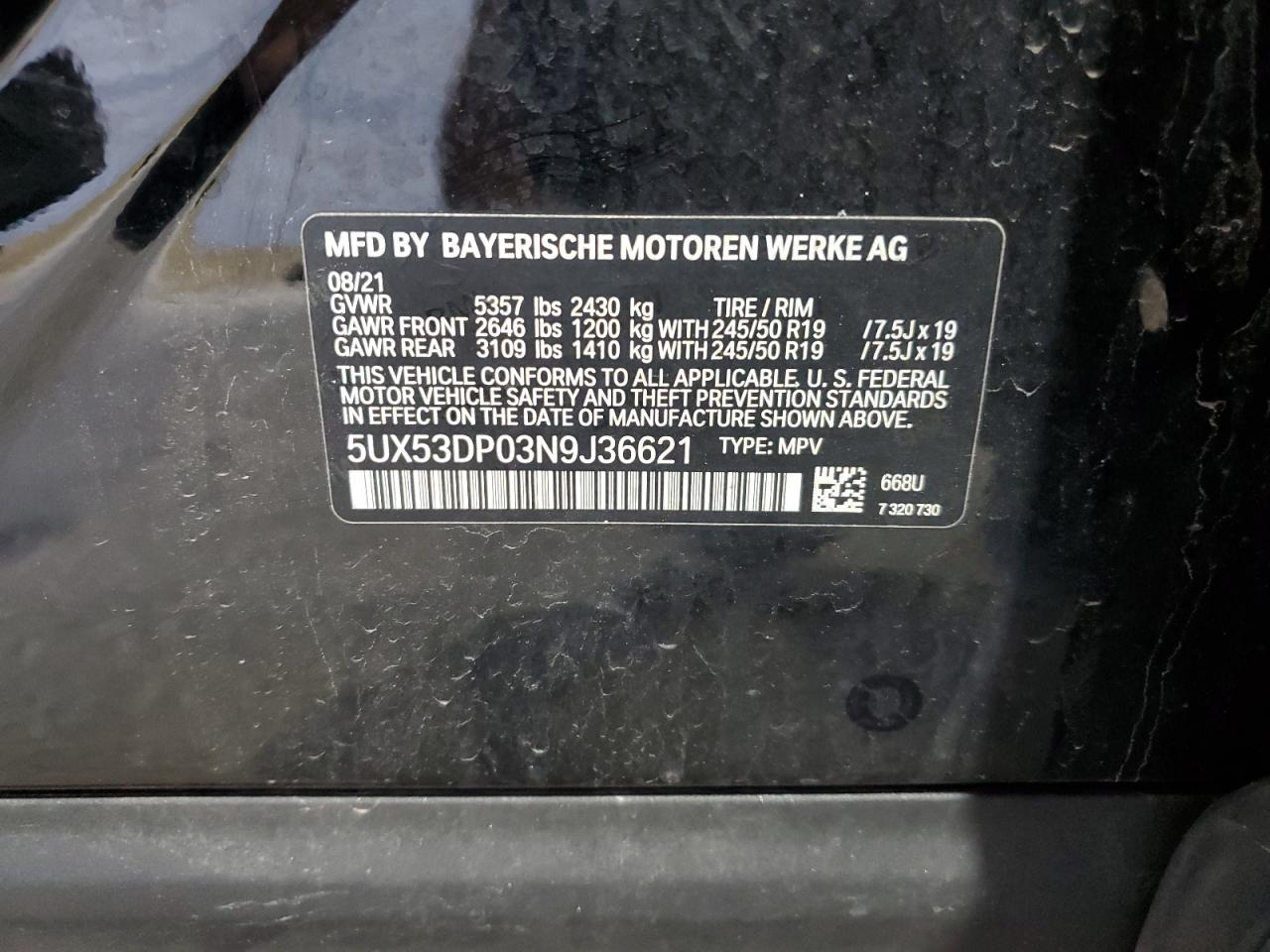 2022 BMW X3 xDrive30I VIN: 5UX53DP03N9J36621 Lot: 84816145