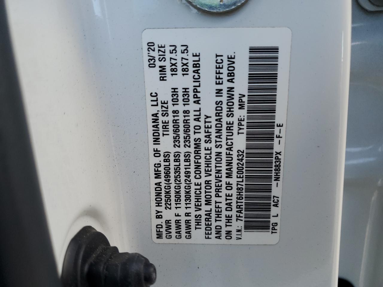 2020 Honda Cr-V Exl VIN: 7FART6H87LE002432 Lot: 86338985