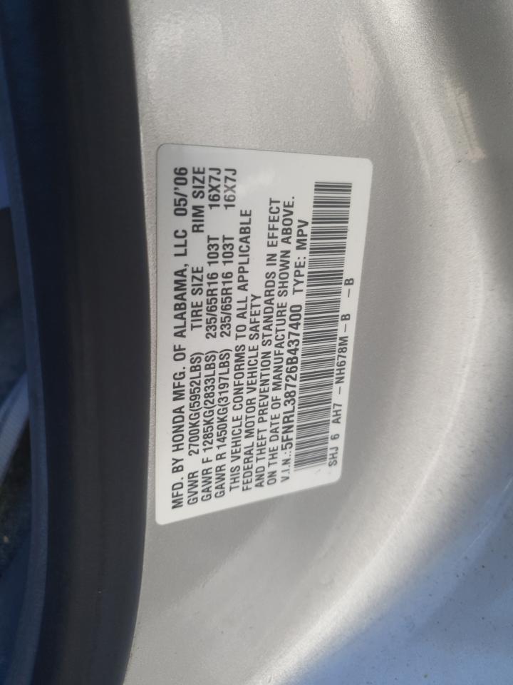 2006 Honda Odyssey Exl VIN: 5FNRL38726B437400 Lot: 85695075