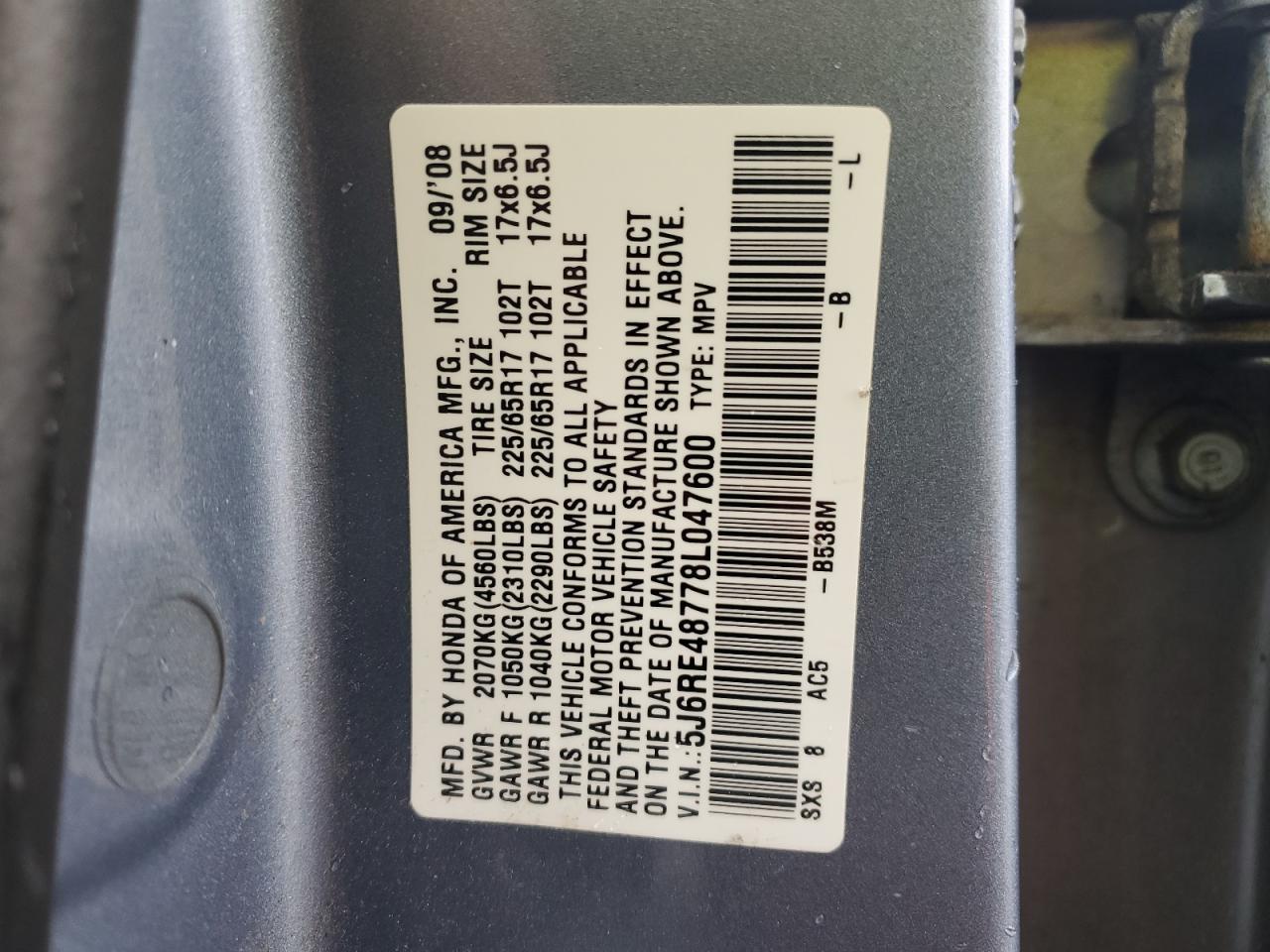 2008 Honda Cr-V Exl VIN: 5J6RE48778L047600 Lot: 86509315