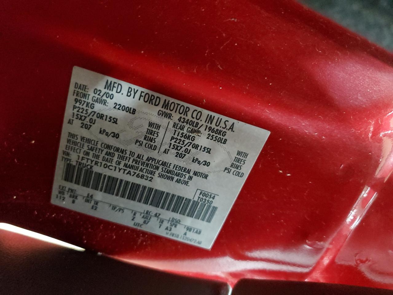 2000 Ford Ranger VIN: 1FTYR10C1YTA76832 Lot: 90261225